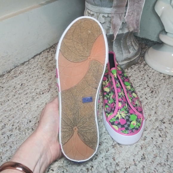 Keds Dahlia Gray Checkerboard Pink, Green, Yellow & Gray Paint Splatter Sneakers - Picture 9 of 12